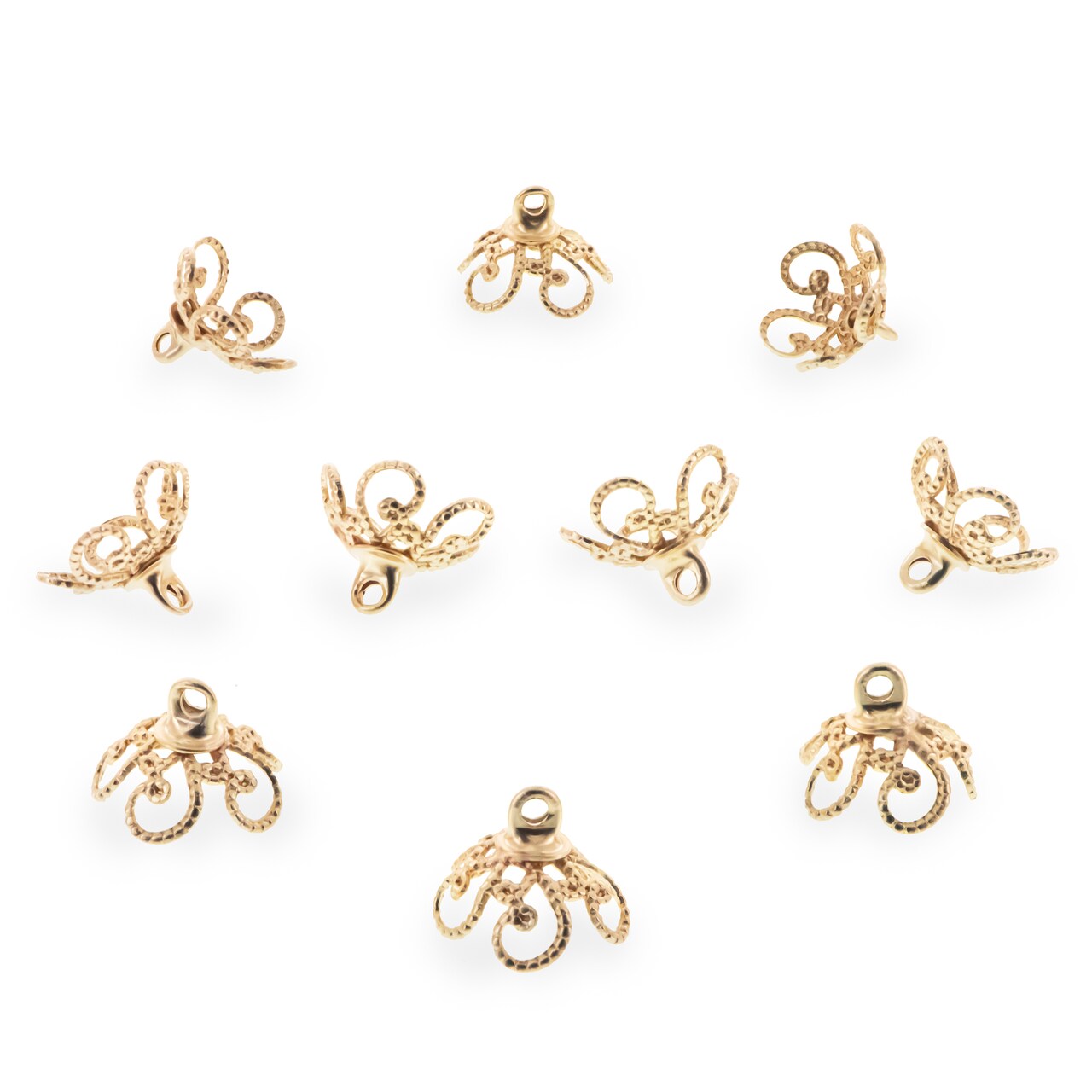 10 Ornate Scrollwork Filigree Gold Brass Metal Ornament Caps Ball or Egg Top Findings, End Caps 0.39 Inches (10 mm)